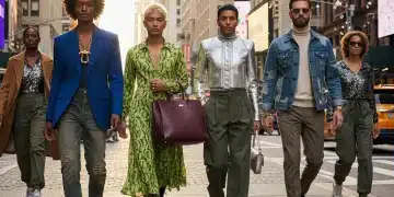 Diverse individuals demonstrating high-low fashion street style in a modern urban setting for 2026.