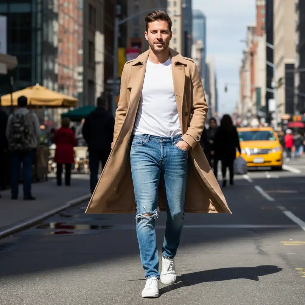Woman in a luxury trench coat, simple white tee, distressed jeans, and white sneakers, demonstrating balanced high-low outfit.