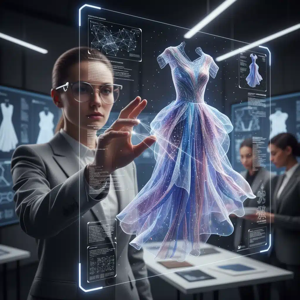Designer using holographic display for virtual garment design.