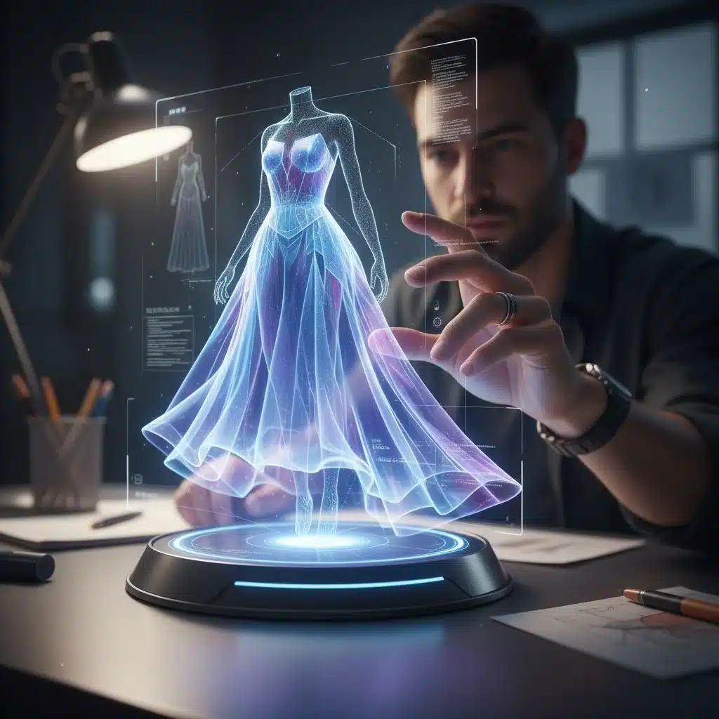 Designer interacting with a holographic 3D fashion design, showcasing technological integration in future fashion roles.