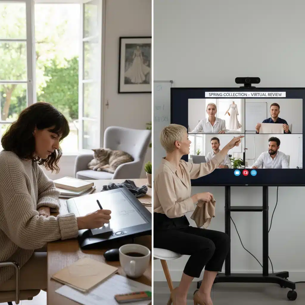 Fashion designer sketching remotely, collaborating with a team virtually in a hybrid work environment.