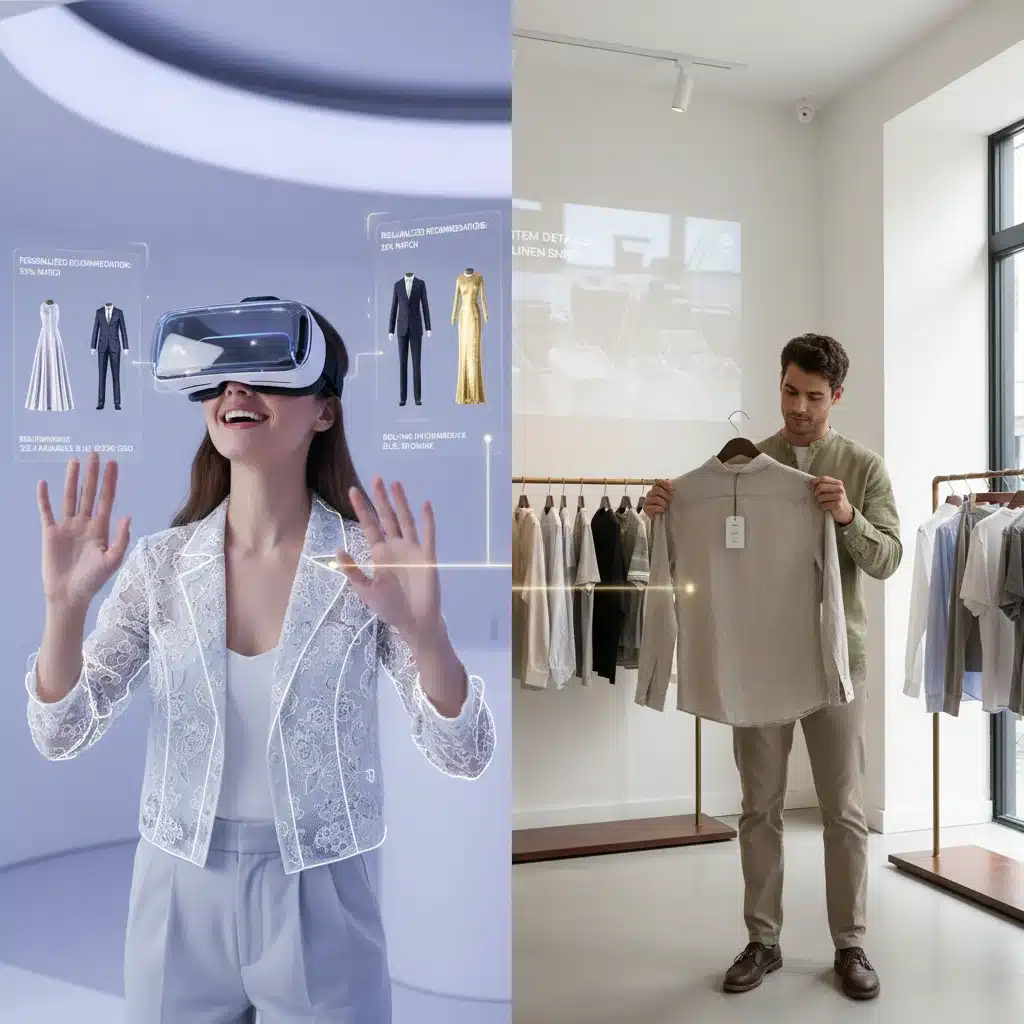 Hybrid retail experience showcasing virtual try-on with augmented reality and in-store shopping.