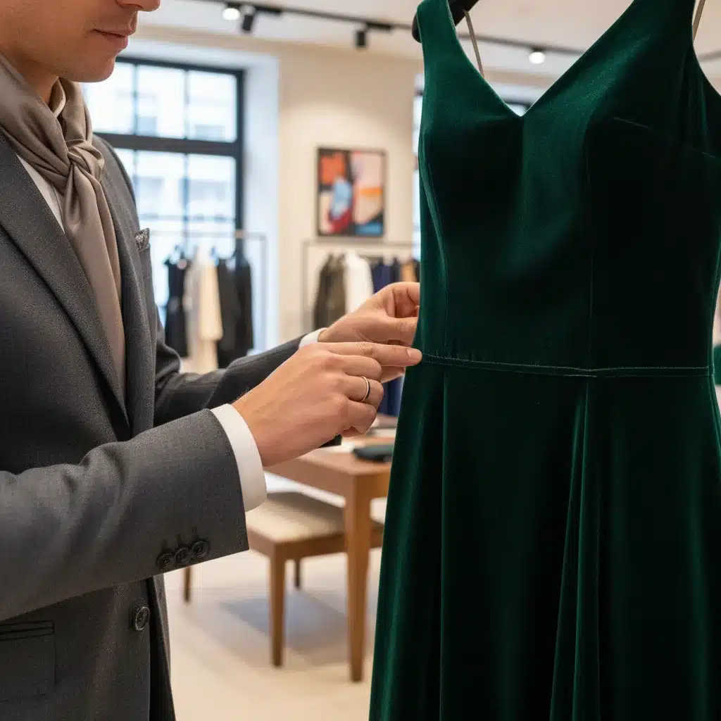 Close-up of a hand inspecting the quality and stitching of a premium fabric garment.