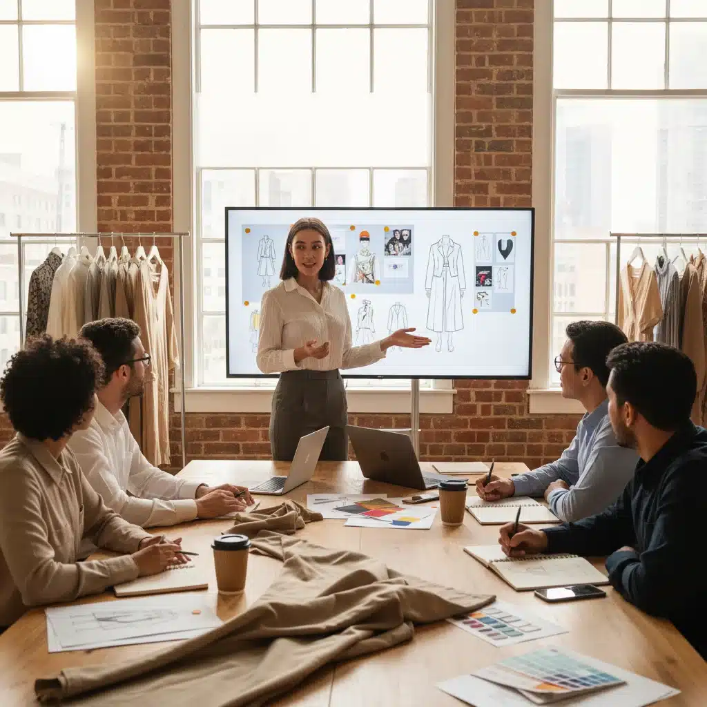 Intern presenting ideas in a fashion team meeting