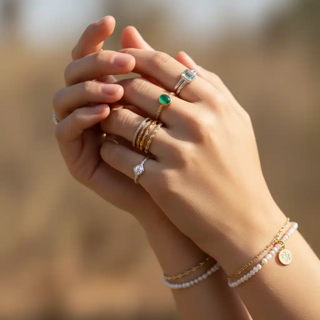 Layered rings and delicate bracelets demonstrating 2026 jewelry stacking trend