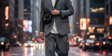 Modern man in relaxed tailored suit on city street, showcasing 2026 menswear trends.