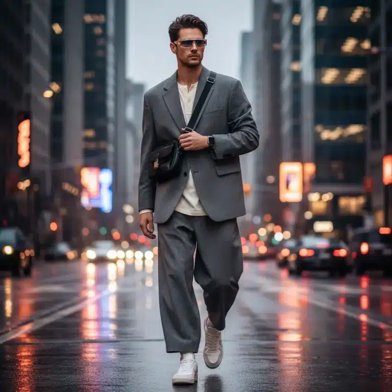 Modern man in relaxed tailored suit on city street, showcasing 2026 menswear trends.