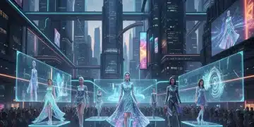 Futuristic cityscape with holographic fashion models on a virtual runway, symbolizing metaverse fashion in 2026.