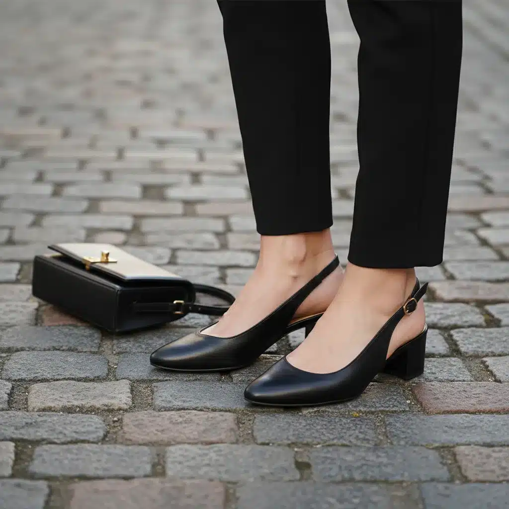 Elegant minimalist black slingback heels on a cobblestone street, exuding sophistication