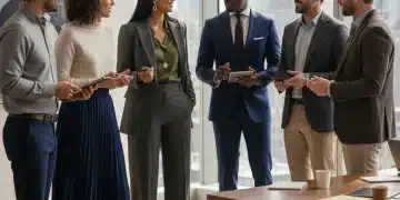Professionals in modern office attire discussing, showcasing updated wardrobe