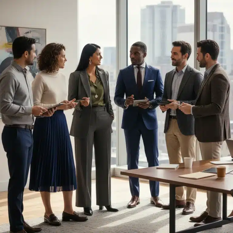 Professionals in modern office attire discussing, showcasing updated wardrobe