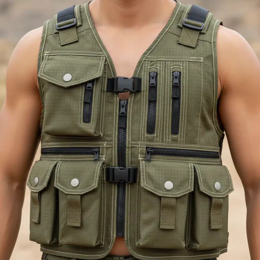 Close-up of multi-pocketed cargo vest in ripstop fabric