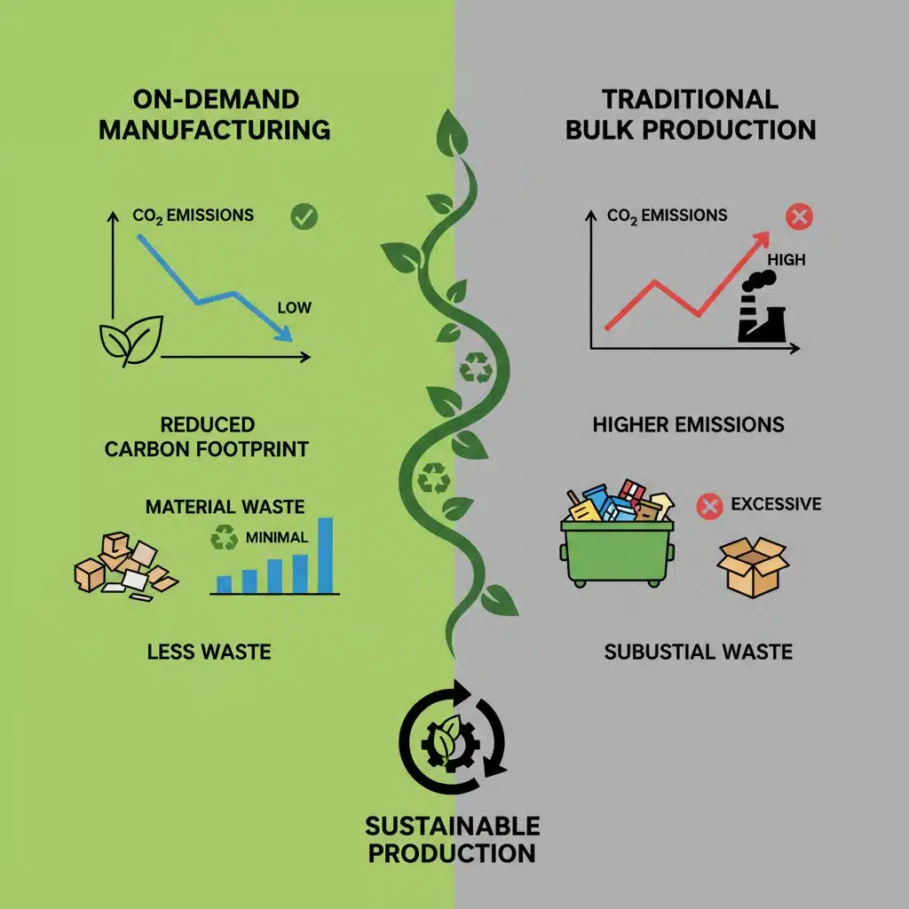 Infographic comparing environmental benefits of on-demand versus traditional fashion manufacturing.