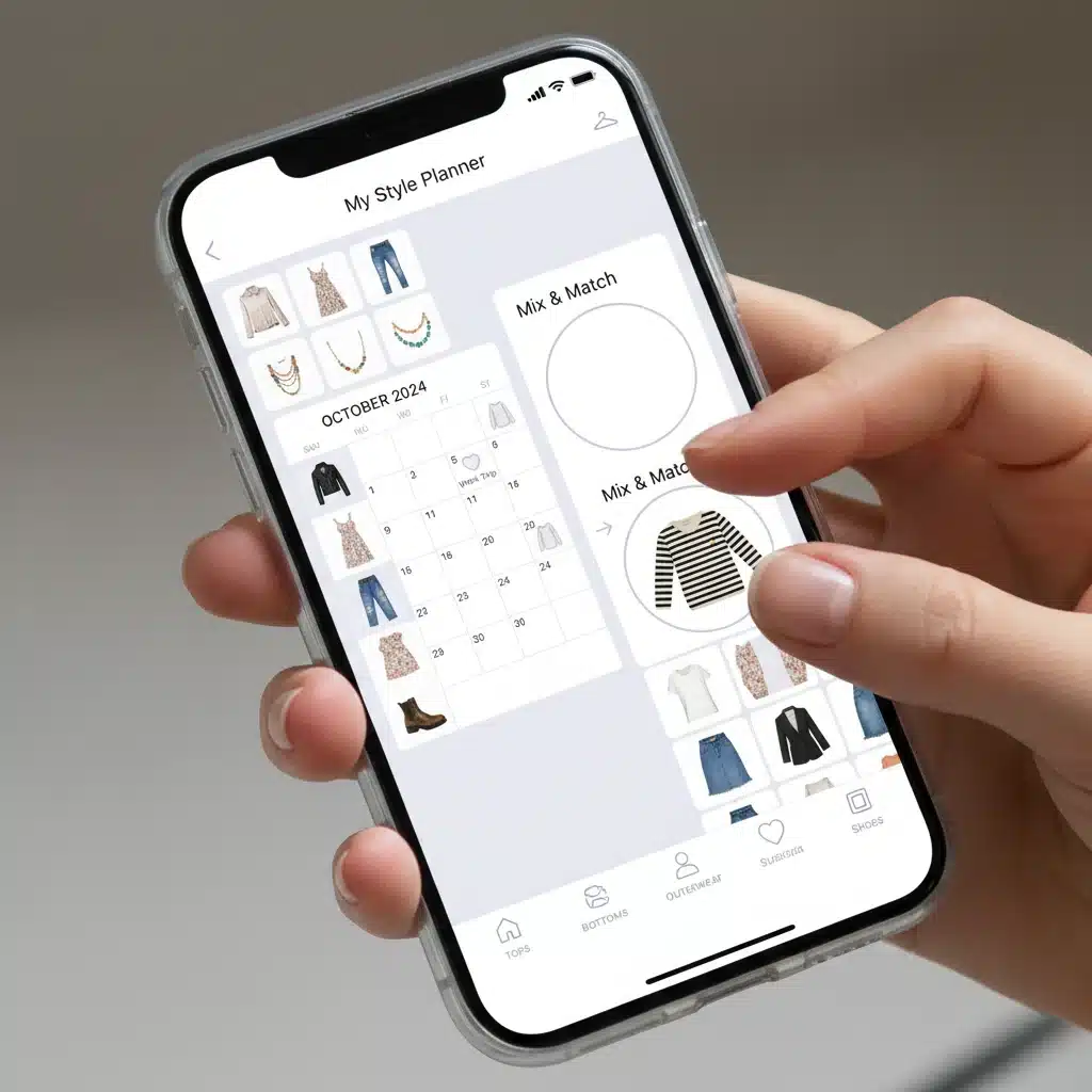 Smartphone displaying an outfit planning feature in a digital wardrobe app.