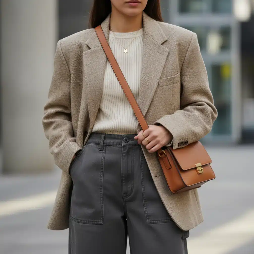 Person in oversized tailored blazer and wide-leg utilitarian trousers, demonstrating practical luxury in 2026 street style.