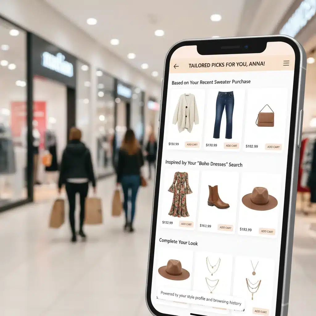 Smartphone showing personalized fashion recommendations based on customer data.