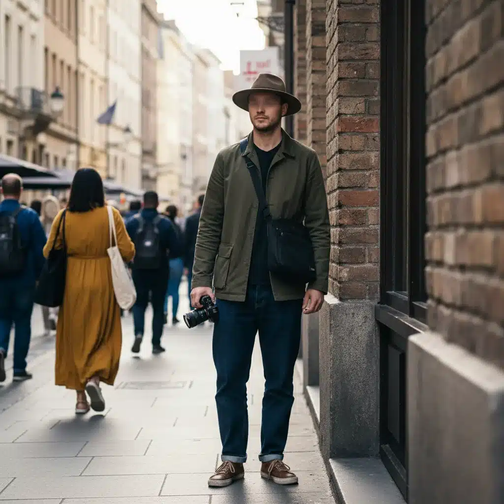 Photographer using mirrorless camera to discreetly capture street style.