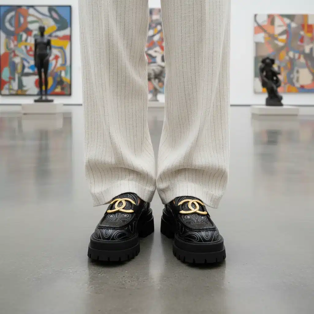 Close-up of platform loafers with bold buckles and wide-leg trousers, showcasing a chic and comfortable alternative footwear choice.