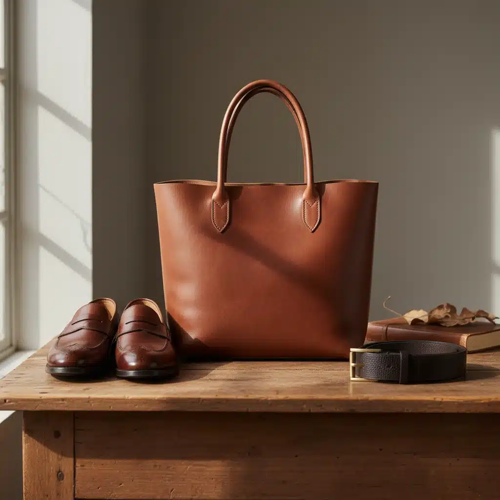 Assortment of premium leather accessories like a tote, loafers, and belt, symbolizing lasting style.