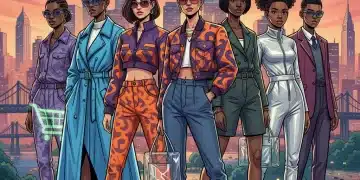 Diverse models showcasing fashion with e-commerce elements, US city skyline