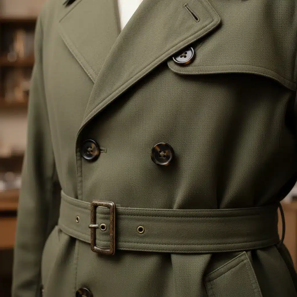 Close-up of a durable, well-made trench coat highlighting quality craftsmanship and timeless design.