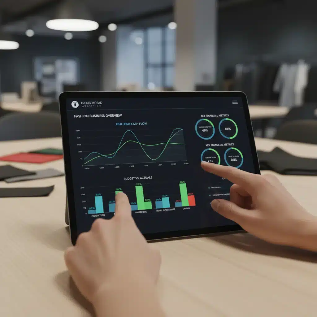 Digital financial dashboard displaying real-time cash flow and budget analytics for a fashion startup.