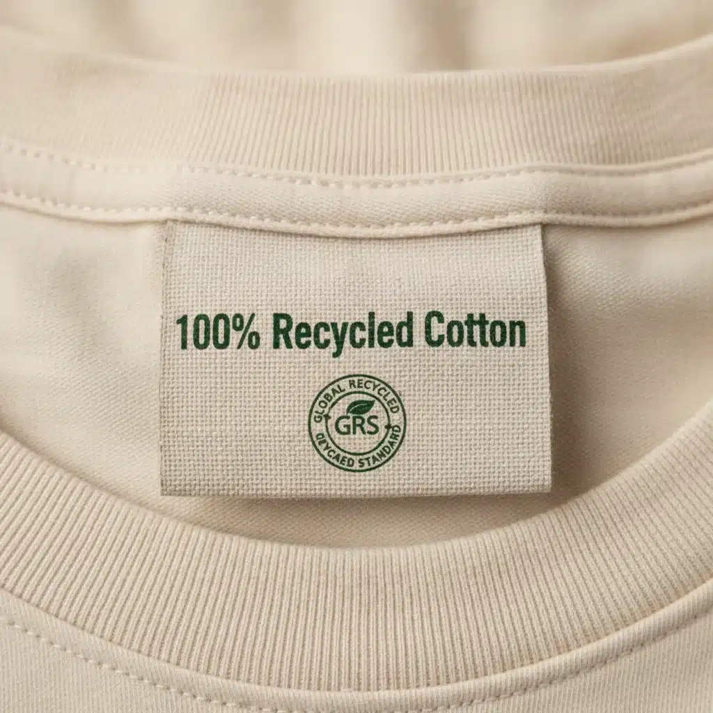 Close-up of a sustainable fashion label, recycled cotton certification