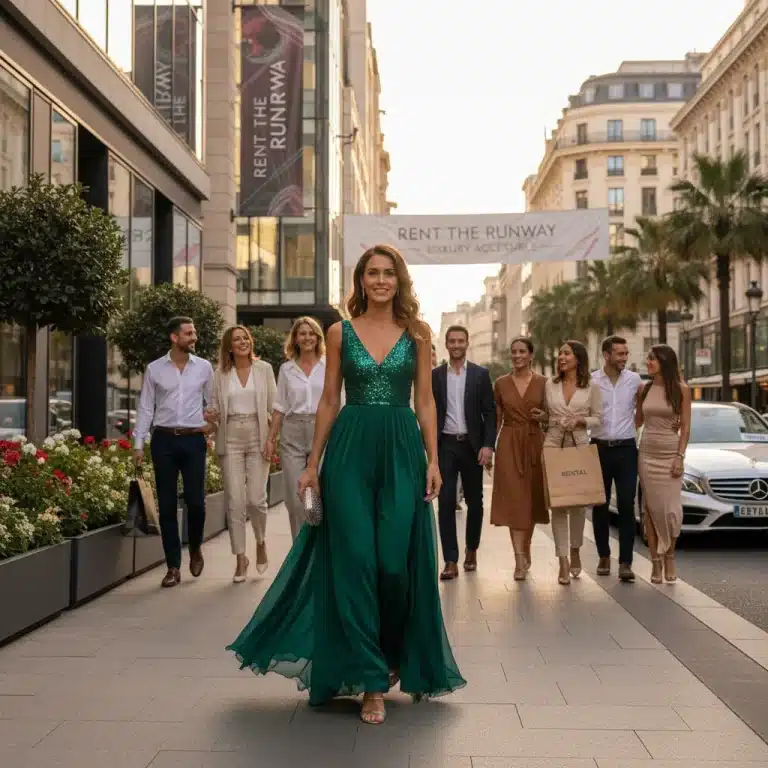 Woman in rented designer dress enjoying urban life, showcasing luxury fashion rental success.