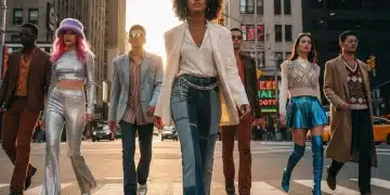 Diverse models in a vibrant street style scene, blending 70s, 90s, and Y2K fashion elements for 2026 trends.