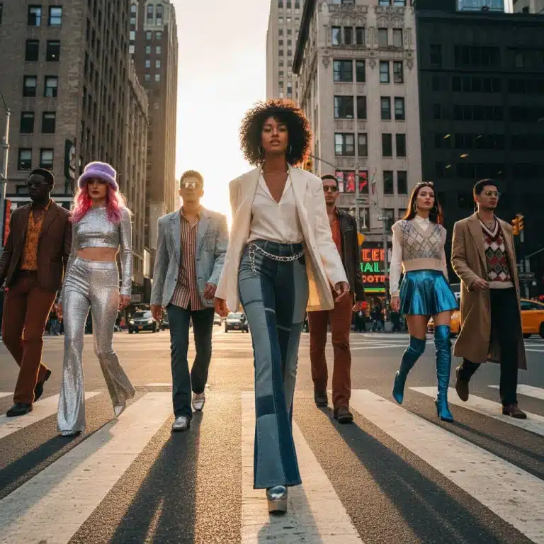 Diverse models in a vibrant street style scene, blending 70s, 90s, and Y2K fashion elements for 2026 trends.