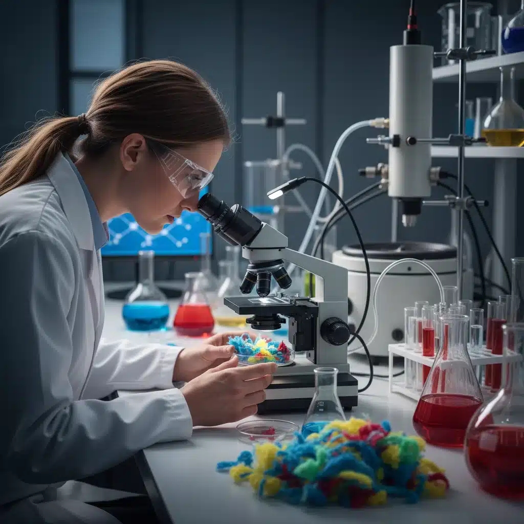 Scientist analyzing recycled textile fibers in a laboratory setting.