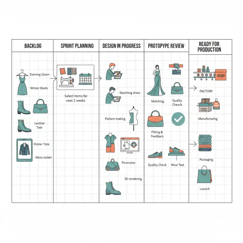 Scrum board for fashion design workflow showing stages from backlog to production.