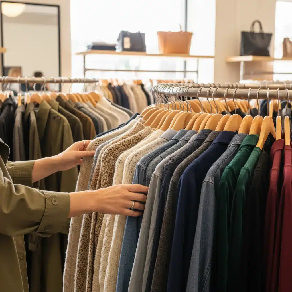 Hands browsing through neatly organized second-hand clothing racks