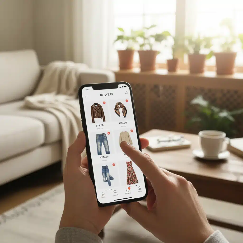 Hands browsing second-hand fashion app on smartphone