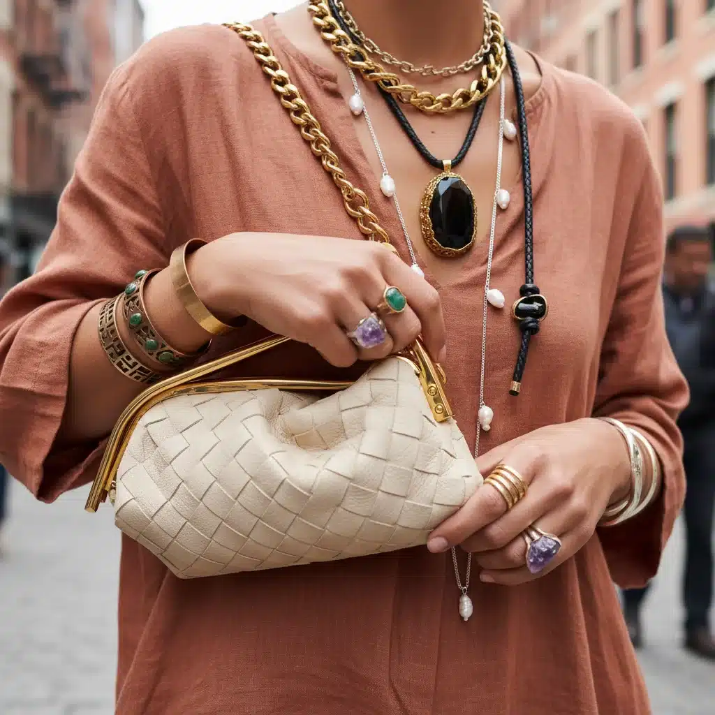Close-up of unique street style accessories, including a statement bag and layered jewelry.
