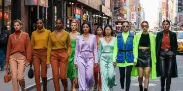 Diverse individuals on a city street wearing fashionable outfits in trending 2026 color palettes, showcasing modern street style.