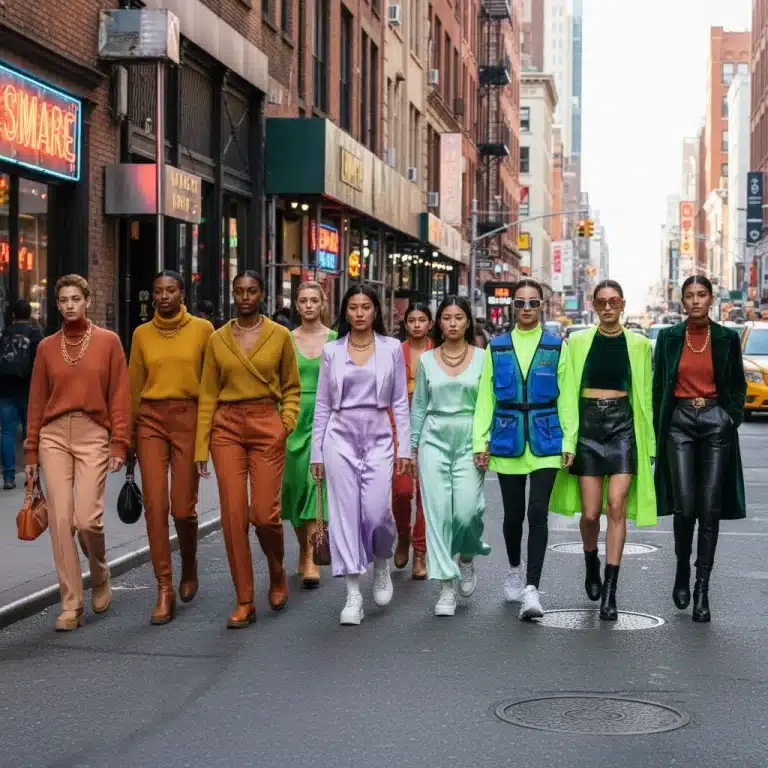 Diverse individuals on a city street wearing fashionable outfits in trending 2026 color palettes, showcasing modern street style.