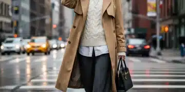 Stylish individual demonstrating expert street style layering with trench coat and knitwear in urban setting.
