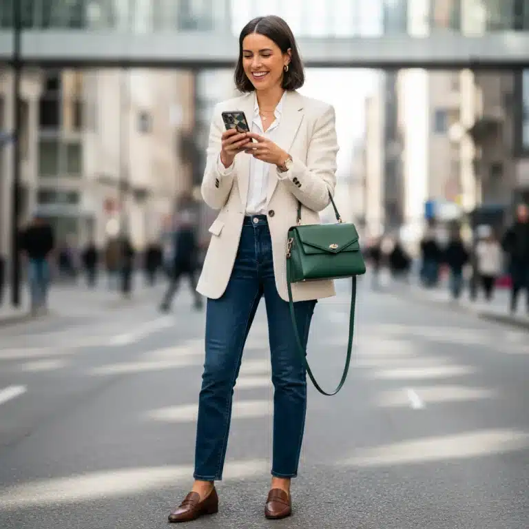 Stylish woman confidently showcasing affordable high-end fashion