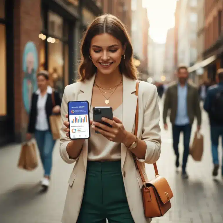 Stylish woman using budgeting app for fashion savings