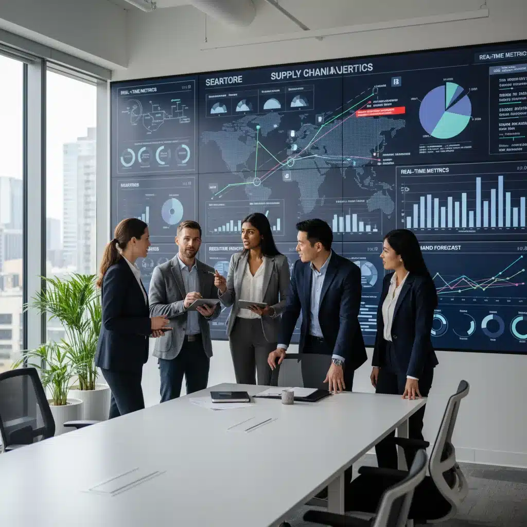 Supply chain team analyzing real-time data on a digital dashboard, discussing risk mitigation strategies for future disruptions.