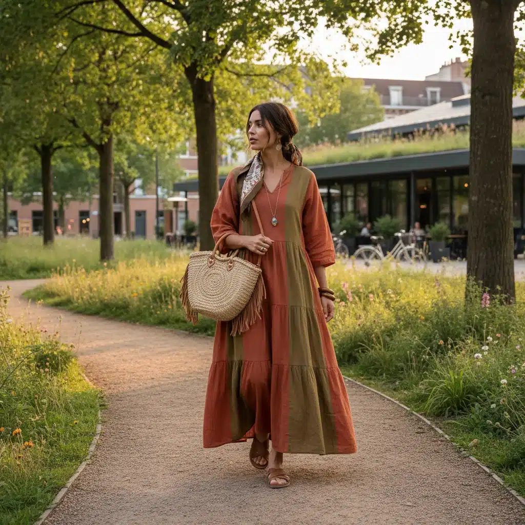 Woman in sustainable chic outfit in urban park