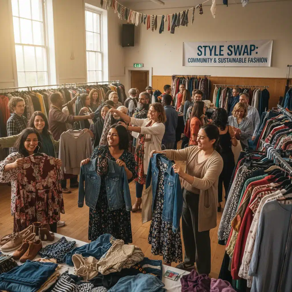 Group of people happily exchanging clothes at a sustainable fashion swap event