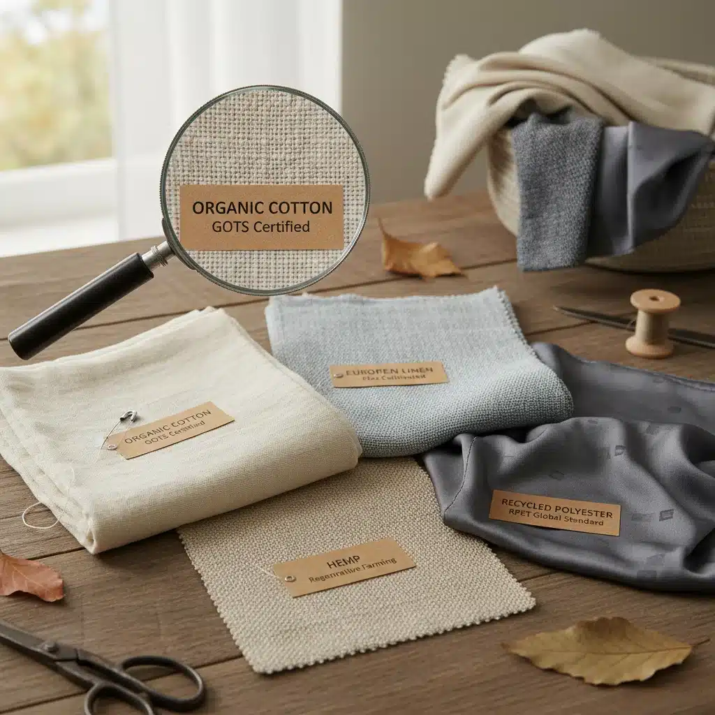 Close-up of sustainable fabric swatches, organic cotton, linen, hemp, recycled polyester