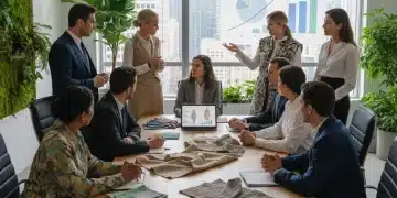 Fashion professionals discussing sustainable textile samples and digital designs, highlighting career growth and sustainability.