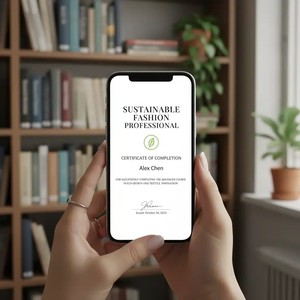 Digital certificate for a Sustainable Fashion Professional on a smartphone, with books on eco-design in the background.