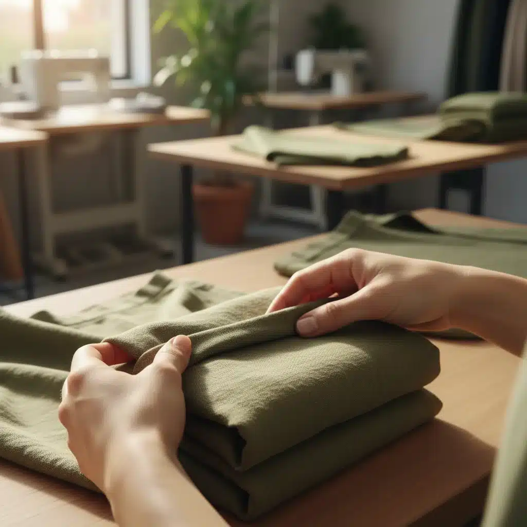 Hands folding sustainable garment in eco-friendly workshop