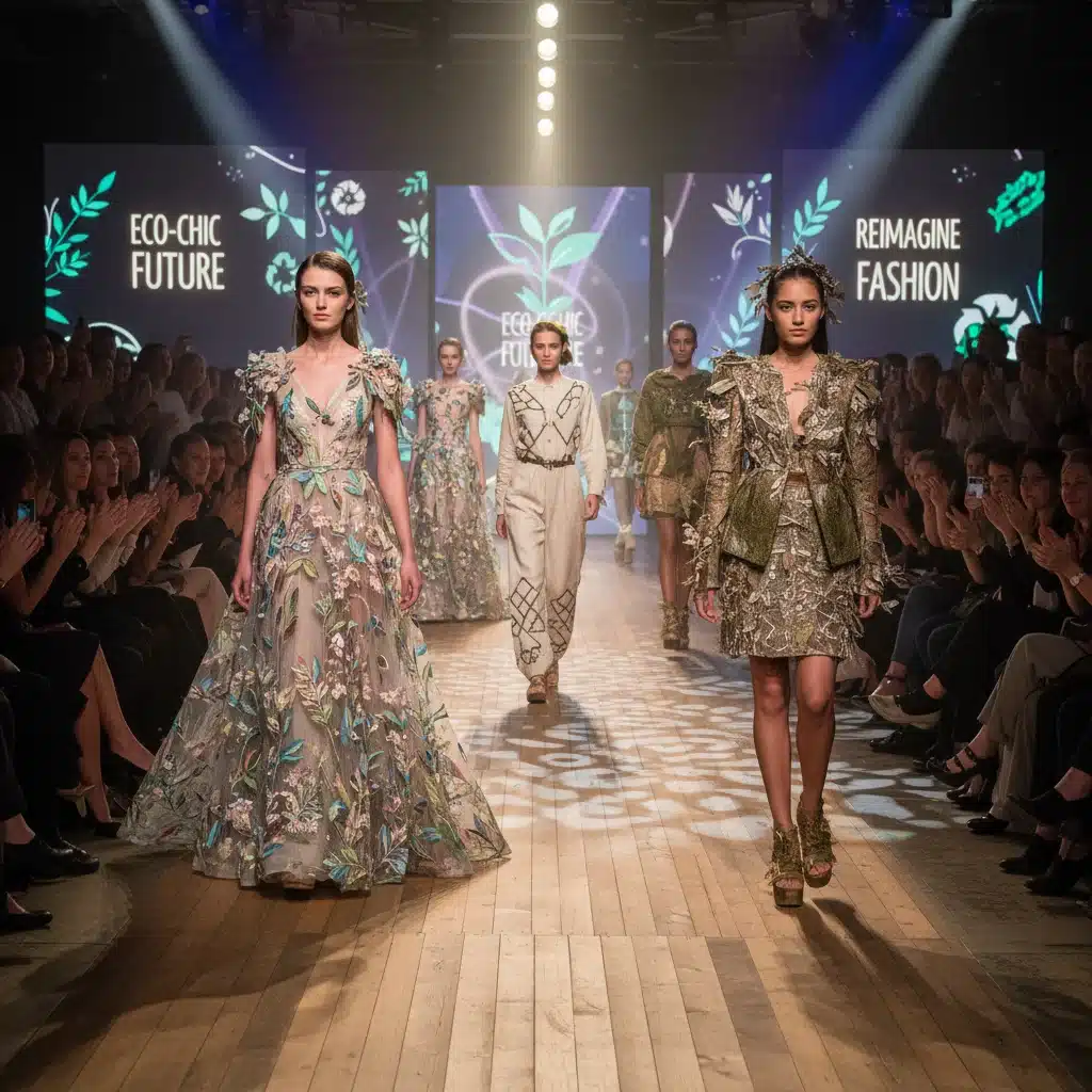 Models showcasing sustainable fashion garments on a runway, emphasizing eco-friendly design