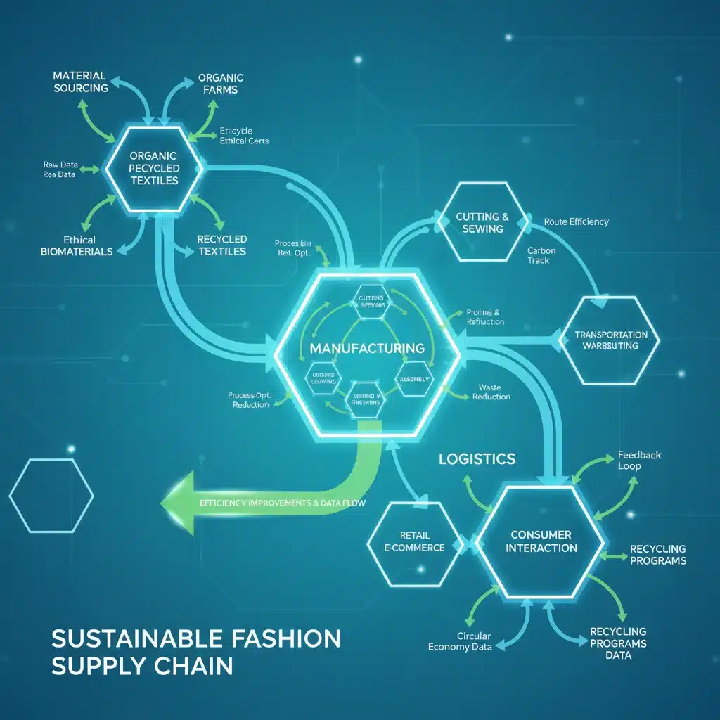 Sustainable fashion supply chain infographic with data flow.
