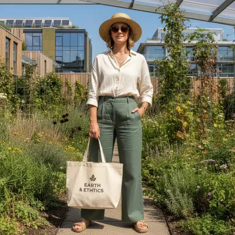 Woman in sustainable outfit, urban garden, eco-friendly fashion